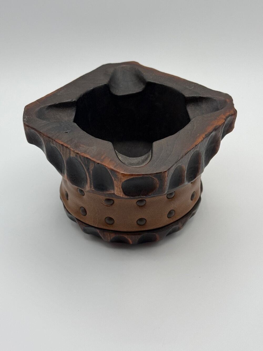 Vintage Spain Carved Wood Mortar Leather Metal Studs Rustic Apothecary 5.5"